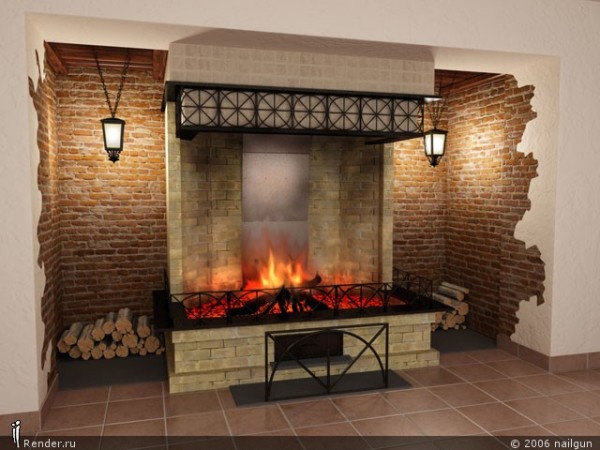 Ang hindi nakapaloob na disenyo ng masonry fireplace