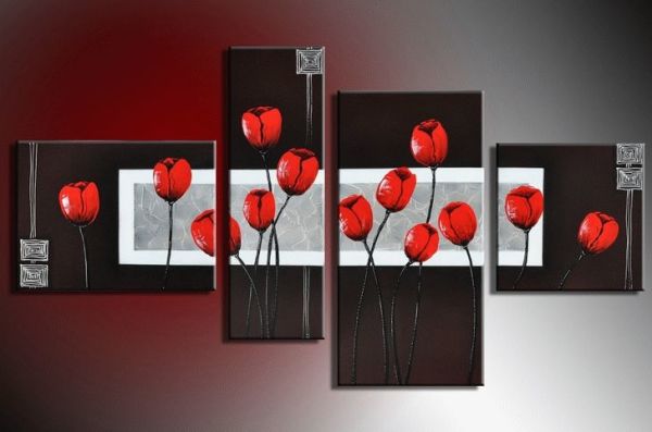 Panneau mural noir avec des tulipes rouges - un élément intéressant pour la chambre