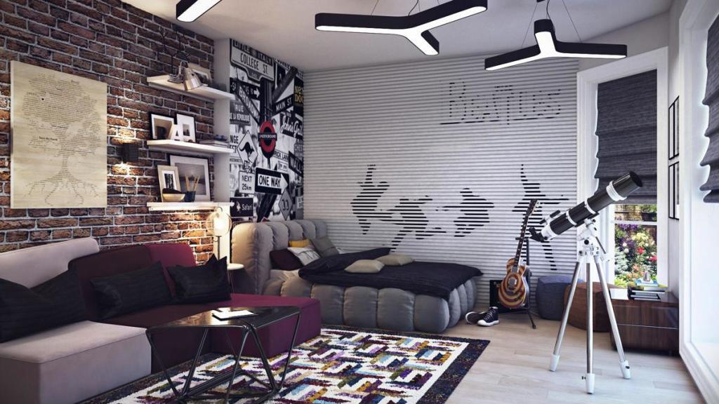 Un exemple de chambre pour un jeune homme créatif dans le style loft, avec l'image de graffitis sur le papier peint photo