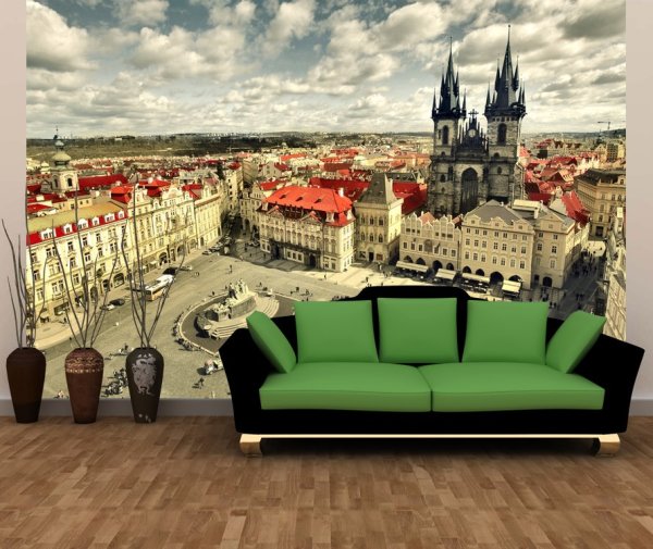 Papiers peints avec une image panoramique de Prague à l'intérieur du salon