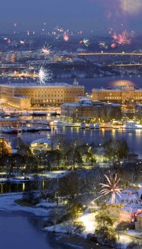 Vue de la ville avec feux d'artifice du Nouvel An